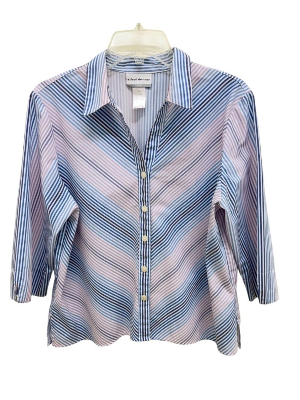 Alfred Dunner Striped Button‑Up Blouse – Blue & Lavender Chevron Pattern PL